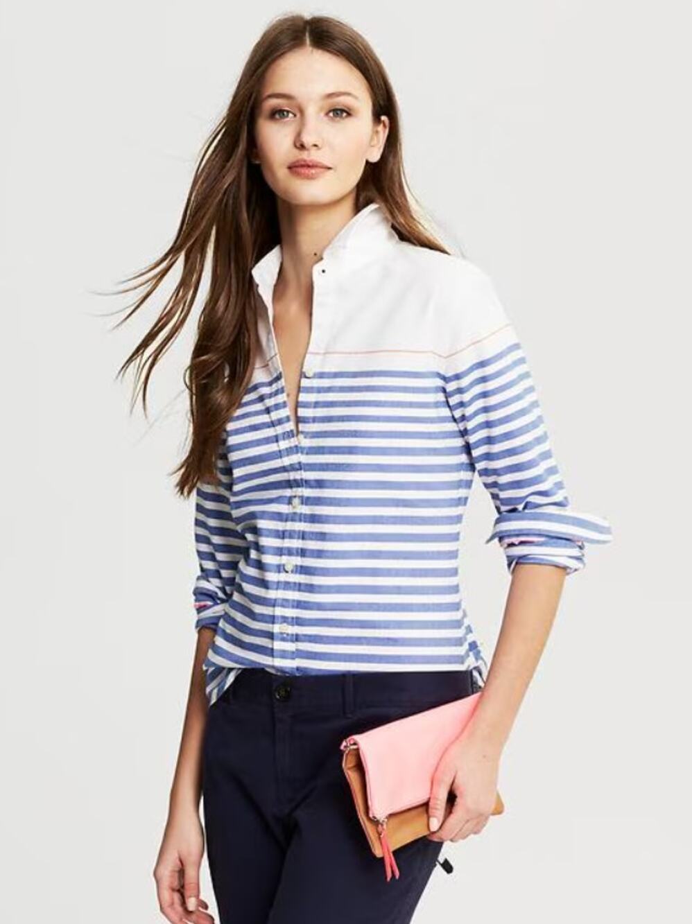 Banana Republic Horizontal Stripe Oxford Button Down Shirt Blue White Women's XS